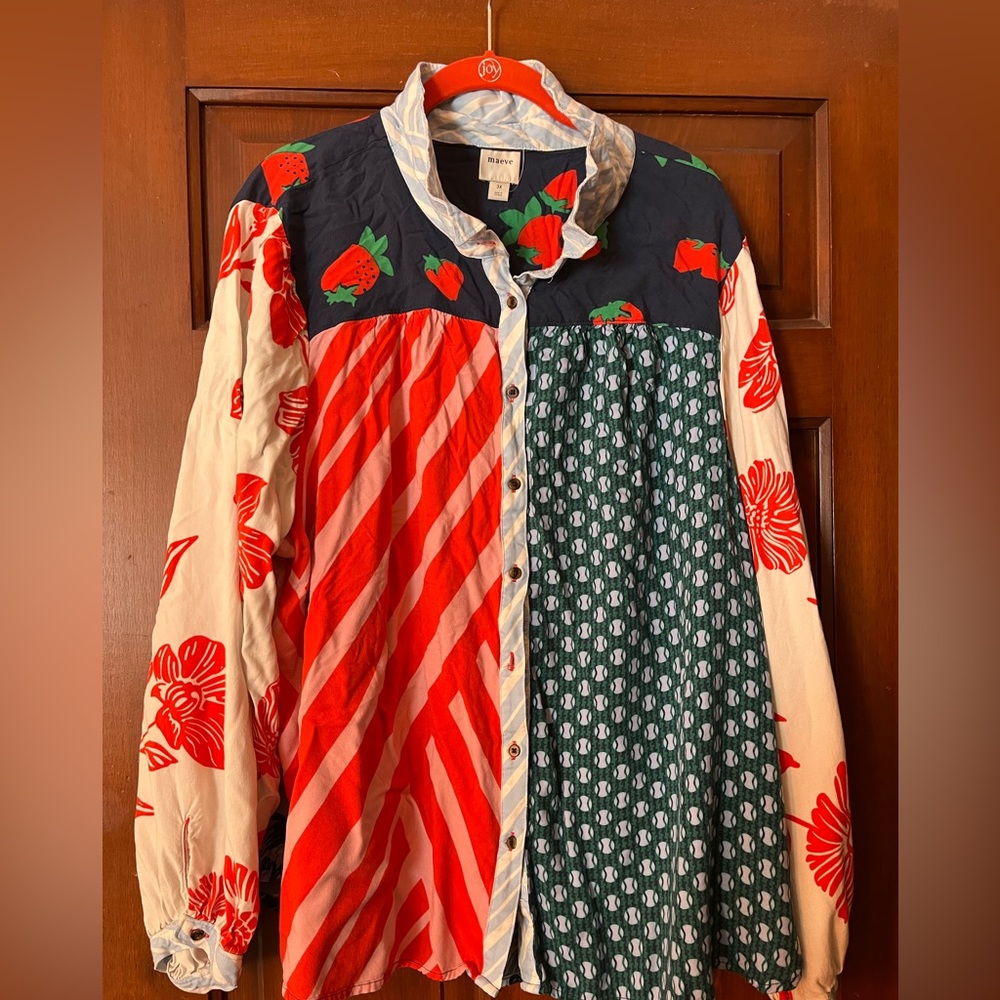 Anthropologie Maeve Collection Colorful Patchwork Button-Up Shirt-3x